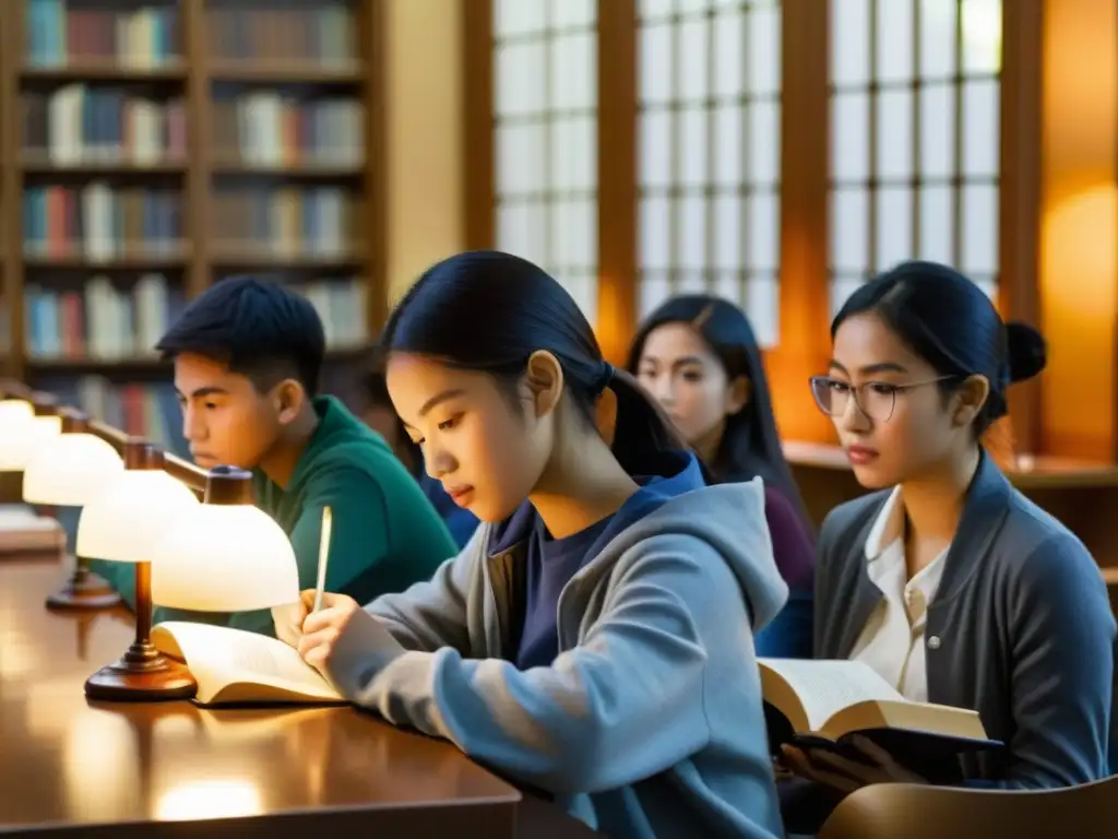 Grupo de estudiantes asiáticos inmersos en la lectura de 'La Sombra del Viento', reflejando la influencia política en la juventud asiática