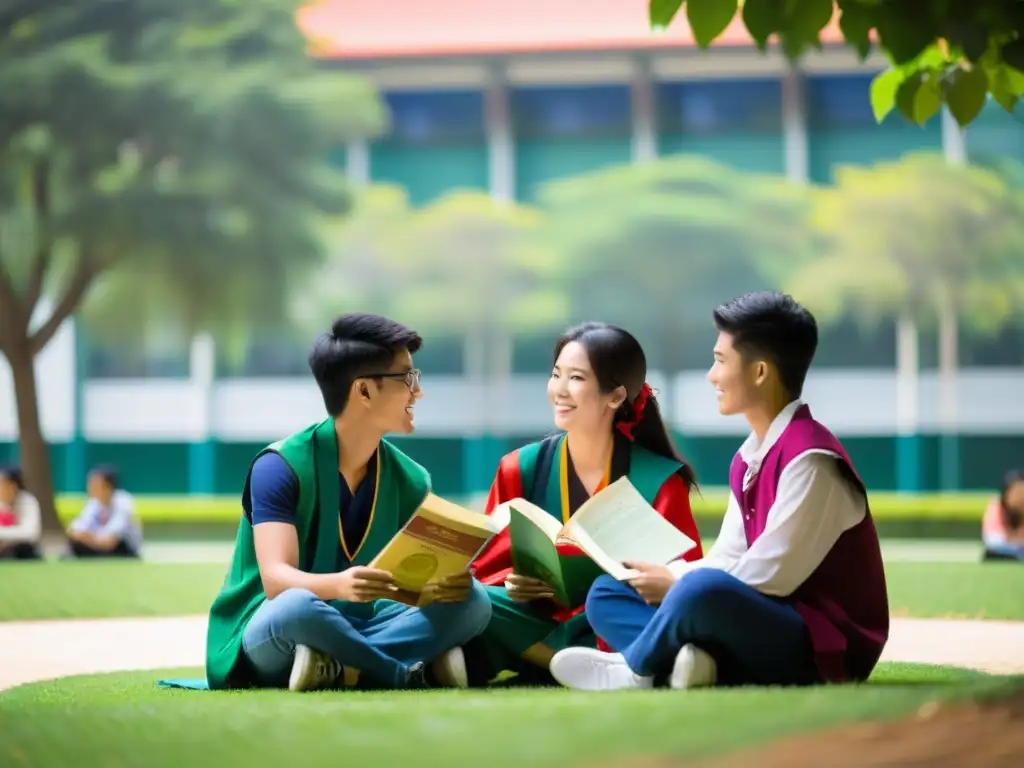 Grupo de estudiantes asiáticos discutiendo La Sombra del Viento, reflejando la influencia política en la juventud asiática