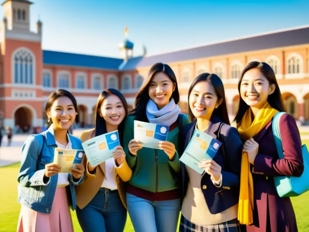 Grupo de estudiantes asiáticos sonrientes con visas de estudiante, listos para iniciar su proceso visado estudiante Asia en una universidad extranjera