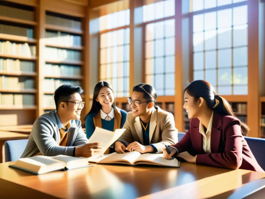 Grupo de estudiantes en atuendo asiático tradicional debatiendo en una biblioteca universitaria moderna, con libros y dispositivos digitales