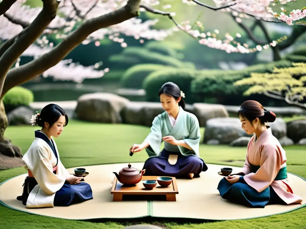 Un grupo de estudiantes participa en una ceremonia de té tradicional en un sereno jardín japonés con árboles de cerezo en flor