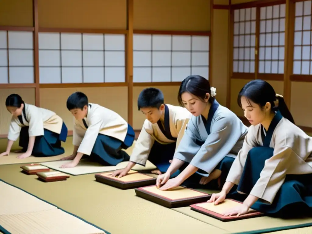 Un grupo de estudiantes juega concentrado al Juego de Poemas Hyakunin Isshu Karuta en un aula japonesa tradicional