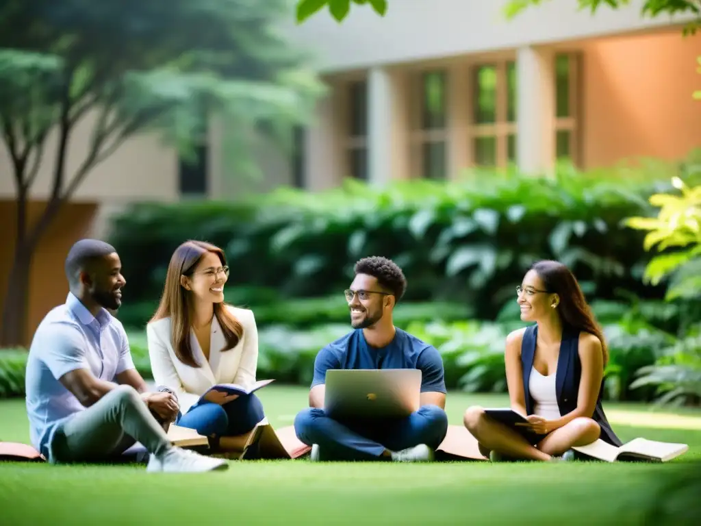 Grupo de estudiantes de MBA concentrados en discusión en un tranquilo patio soleado, rodeados de vegetación exuberante