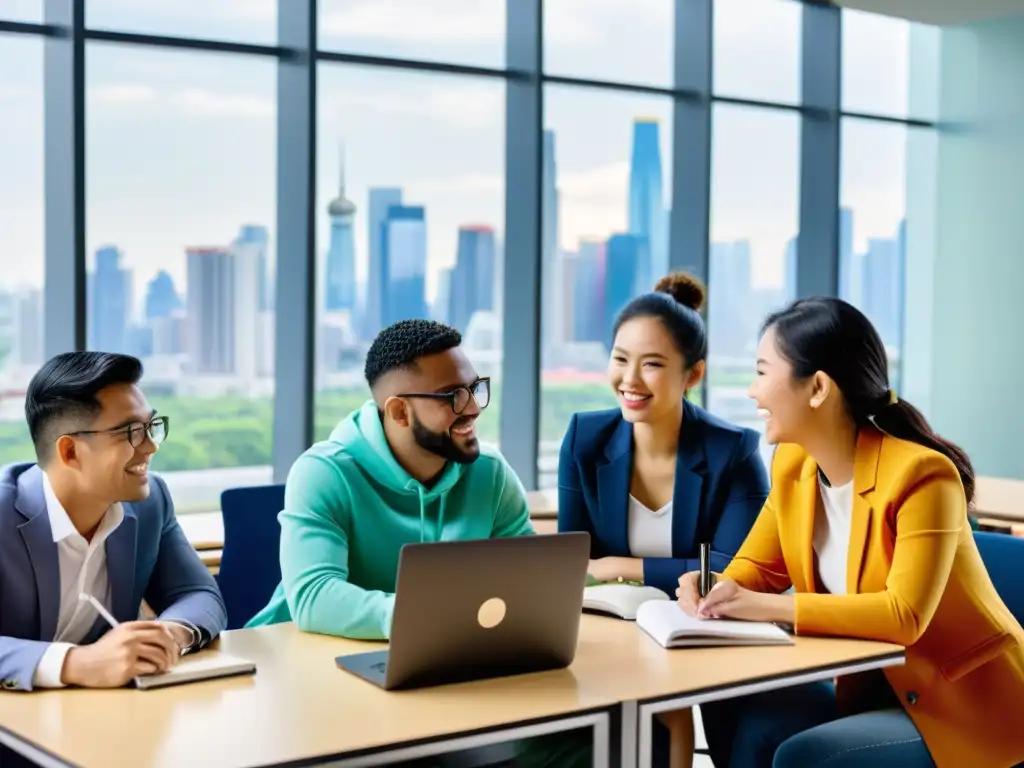 Un grupo de estudiantes de MBA diverso colaborando en un aula universitaria moderna en Asia, con vista a una ciudad