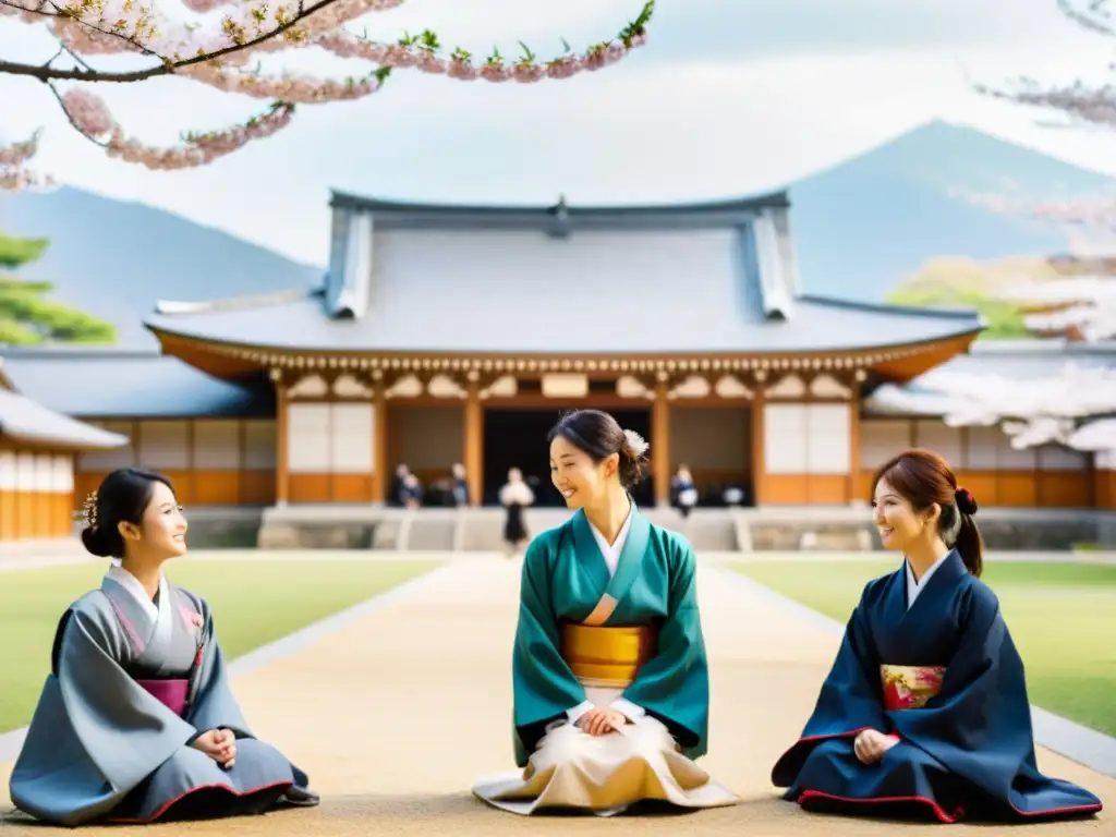 Un grupo de estudiantes diversos en una universidad de Japón, vistiendo trajes tradicionales, bajo cerezos en flor