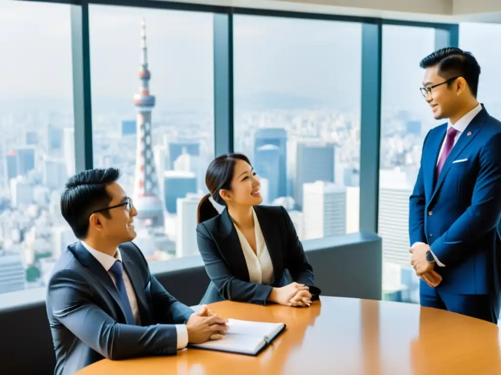 Grupo de estudiantes de MBA en Japón debatiendo con ejecutivo japonés en moderna sala de juntas en Tokio