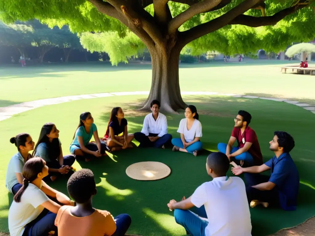 Grupo de estudiantes escuchando atentamente las enseñanzas de la Filosofía Advaita bajo un árbol frondoso