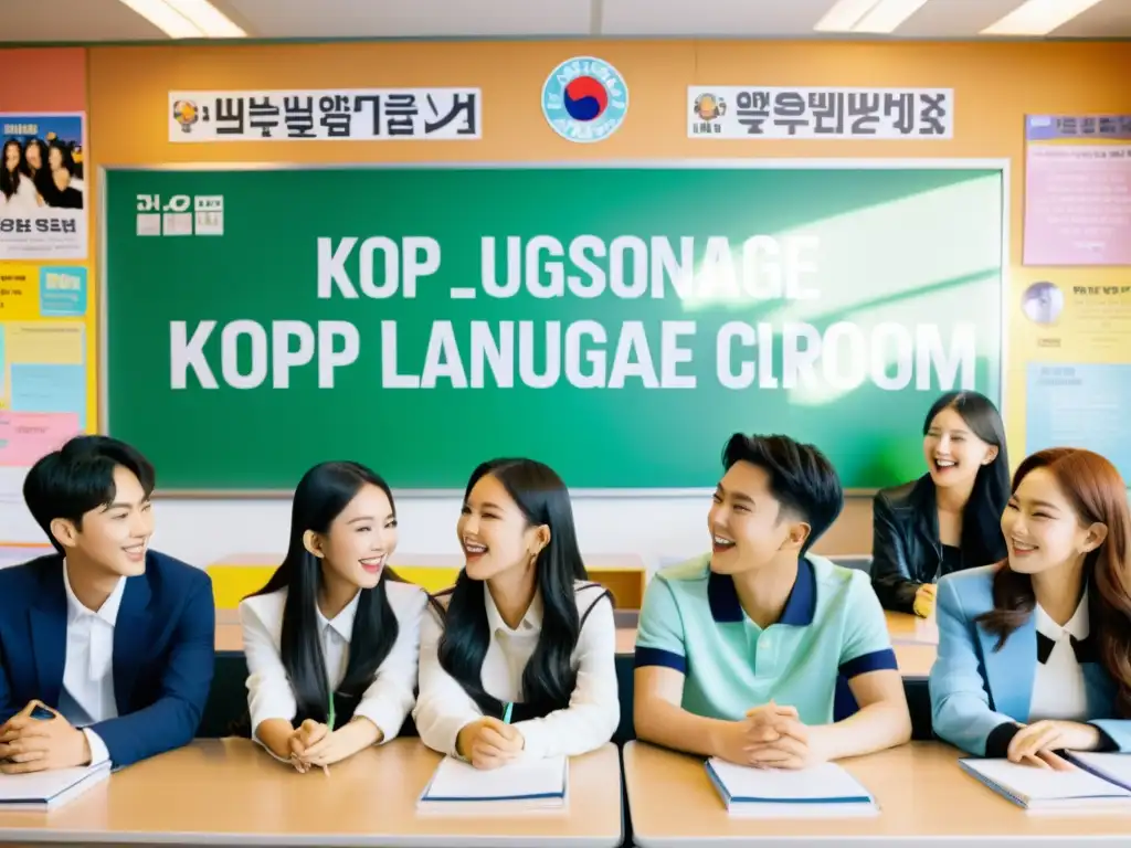 Grupo de estudiantes entusiastas aprendiendo coreano con KPop en un aula moderna y vibrante