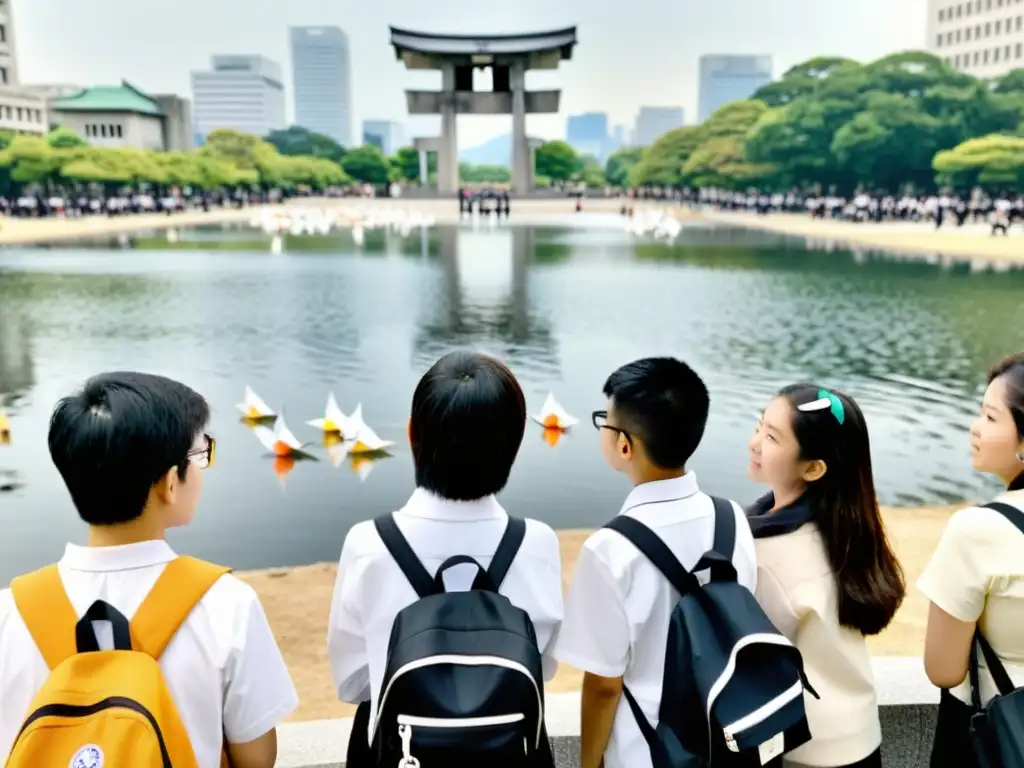 Un grupo de estudiantes en Hiroshima visitando el Parque Memorial de la Paz, con la Cúpula de la Bomba Atómica de fondo