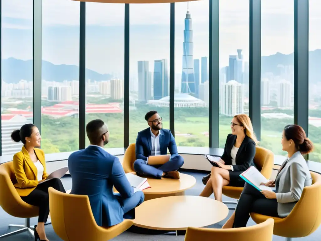 Grupo de estudiantes de MBA financiando MBA en Asia, inmersos en discusión en universidad moderna con vista panorámica a la ciudad