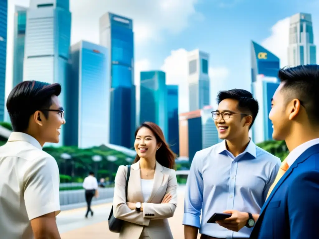 Grupo de estudiantes internacionales de MBA disfrutan de animada discusión en las calles bulliciosas de Singapur, fusionando modernidad y tradición, destacando las ventajas culturales del MBA en Singapur