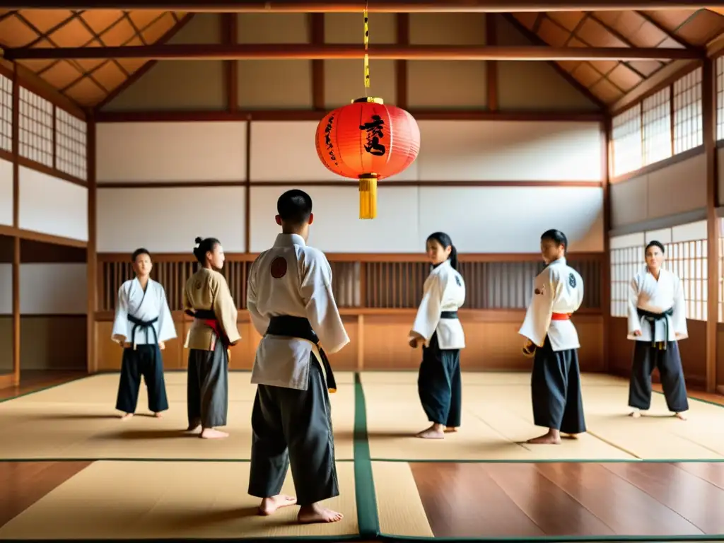 Grupo de estudiantes practicando kata en dojo tradicional, reflejando influencia tecnología artes marciales modernas