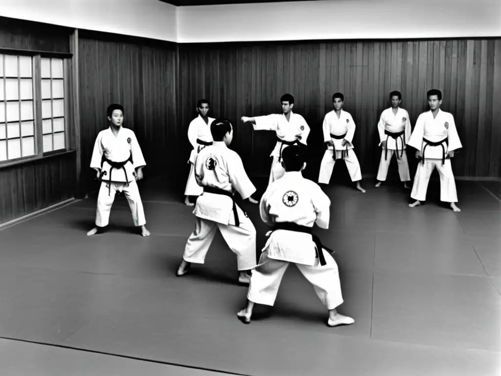 Grupo de estudiantes de karate practicando katas en un dojo tradicional en Japón, reflejando la disciplina y la historia del arte marcial
