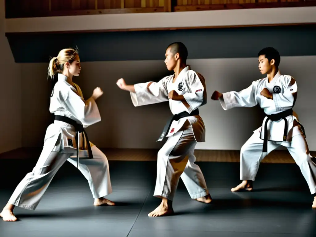 Grupo de estudiantes practicando katas en un dojo tradicional, mostrando concentración y determinación