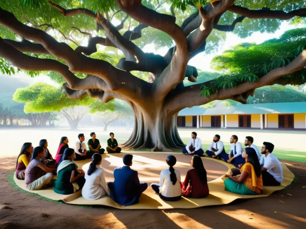 Grupo de estudiantes y maestro bajo un árbol de baniano, en profunda discusión