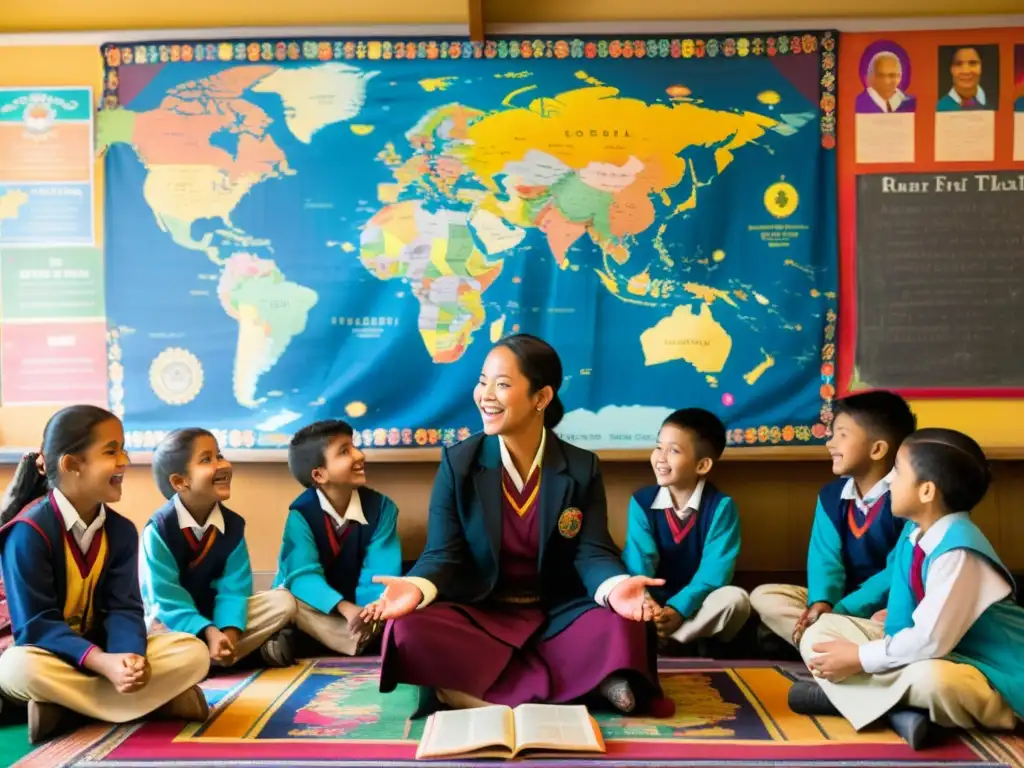 Grupo de estudiantes nepaleses participando en clase de adaptación escolar en Nepal, con decoración colorida y vistas a los Himalayas