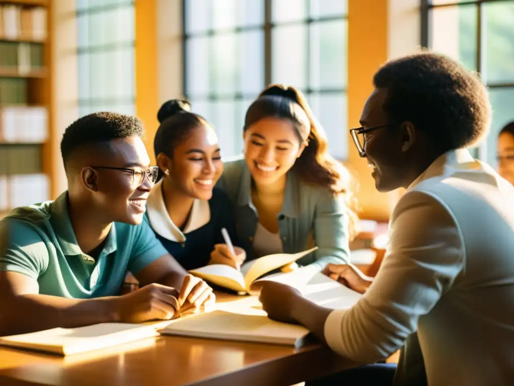 Un grupo de estudiantes de diferentes países de Asia estudian juntos en una biblioteca universitaria, mostrando colaboración y determinación