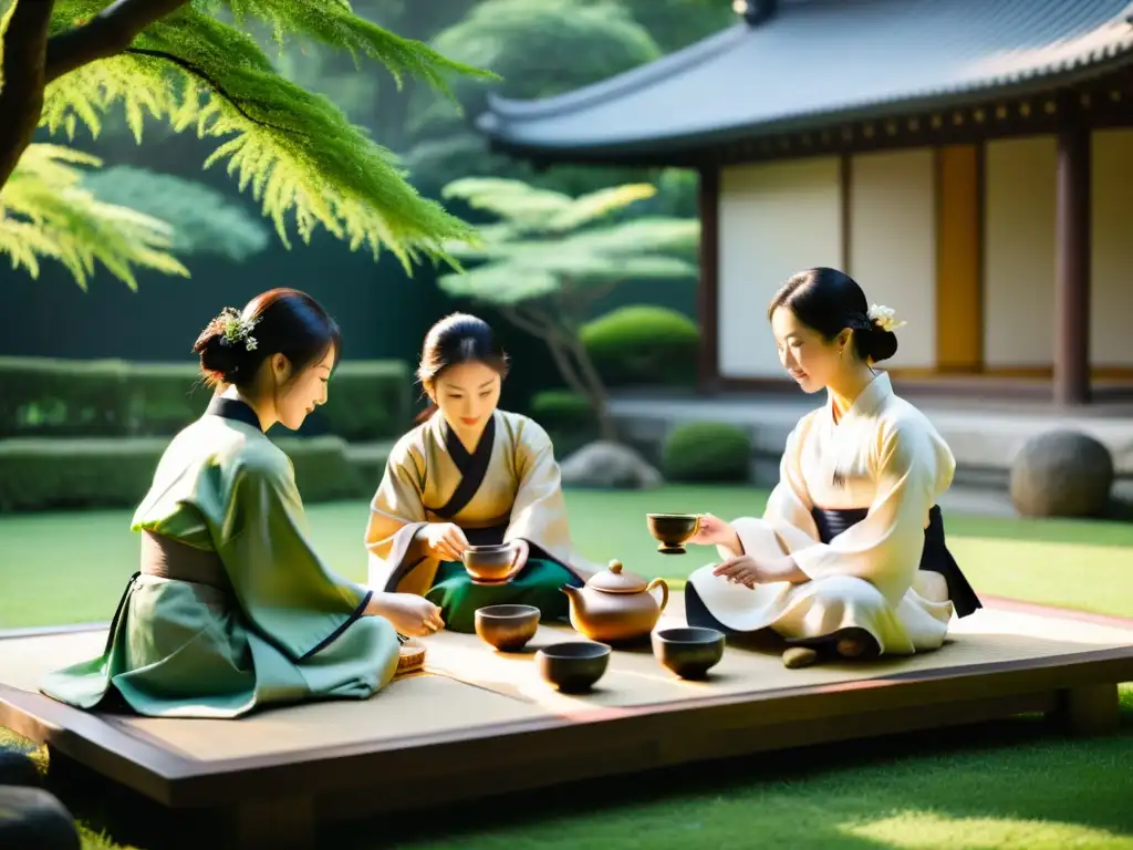 Grupo de estudiantes participando en una serena ceremonia del té en un jardín, reflejando la cultura asiática en educación superior