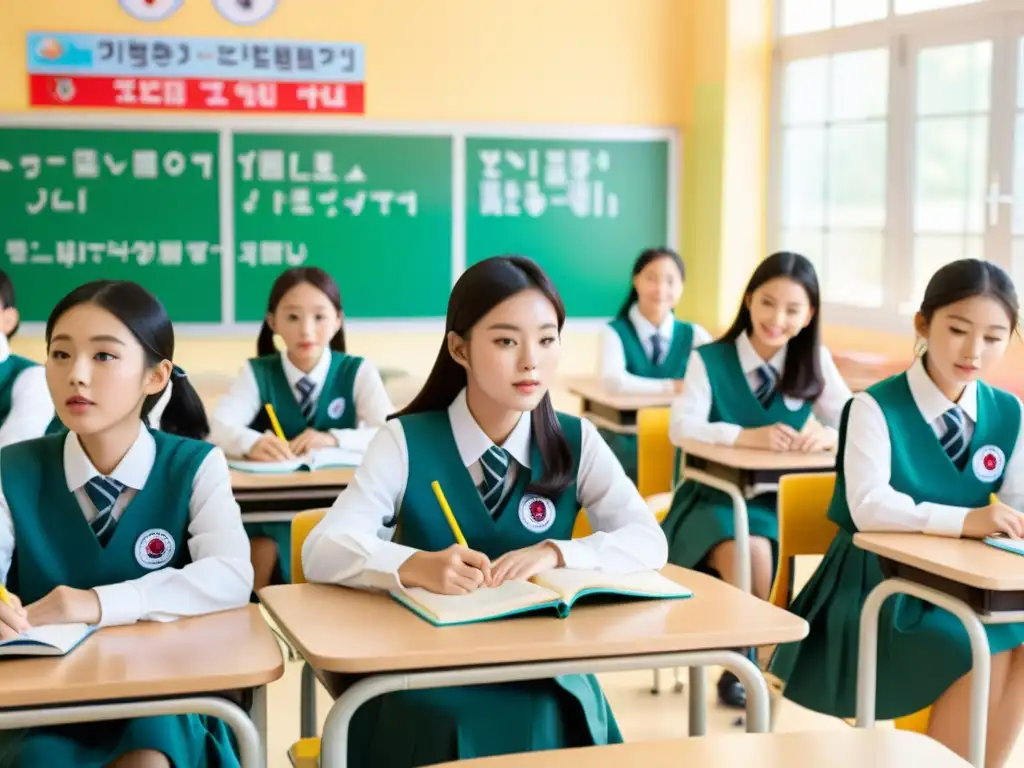 Grupo de estudiantes surcoreanos participando animadamente en una dinámica clase, reflejando la vibrante educación temprana en Asia