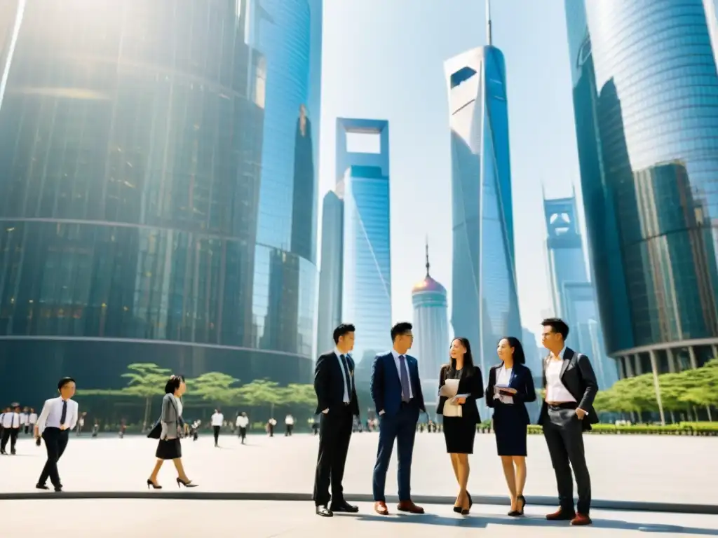 Grupo de estudiantes de MBA en trajes de negocios frente a un rascacielos de cristal en el distrito financiero de Shanghái