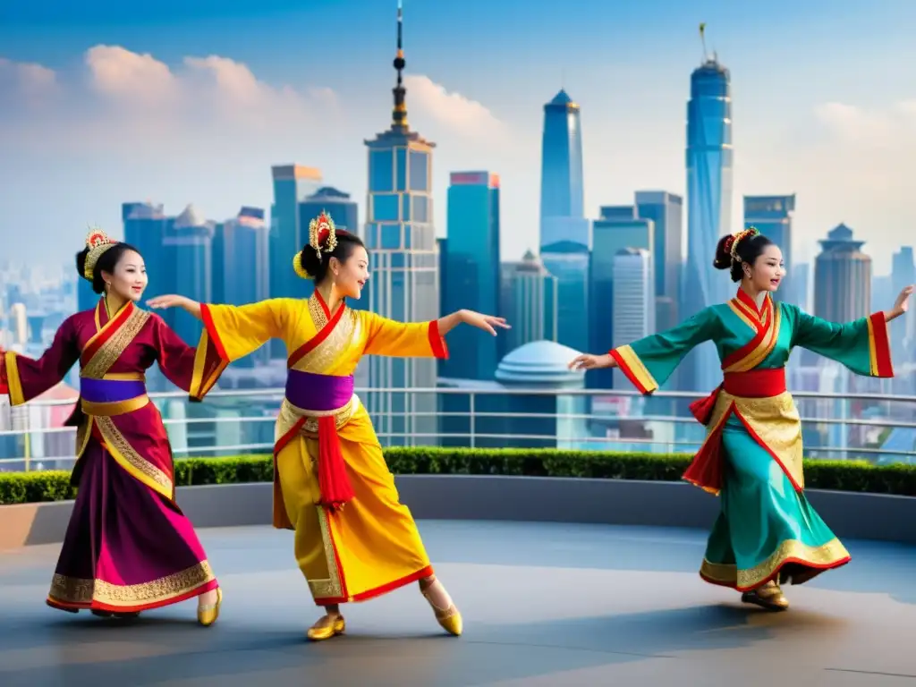 Un grupo de estudiantes en trajes tradicionales asiáticos danzando en una vibrante actuación cultural, con un fondo de la moderna y bulliciosa ciudad