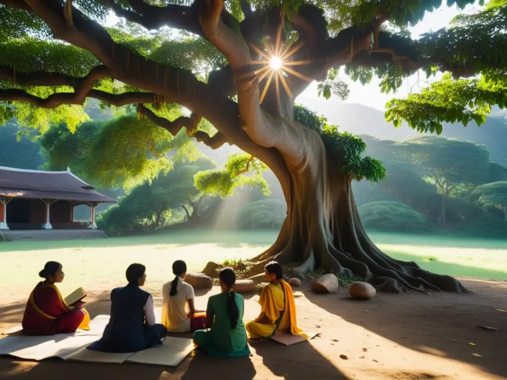 Grupo estudiantil y maestros debaten bajo un árbol en un ashram en los Himalayas, con una atmósfera de sabiduría védica para la educación holística