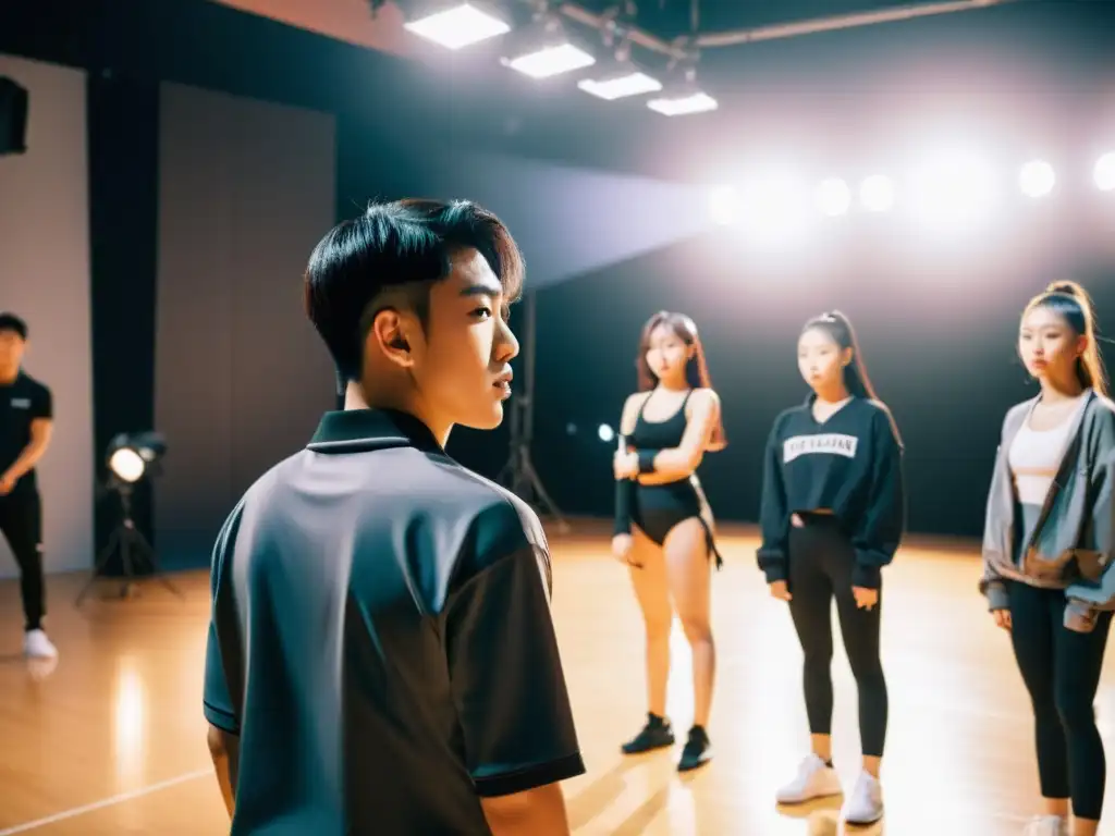 Grupo de trainees de KPop practican coreografía en estudio, bajo luces intensas