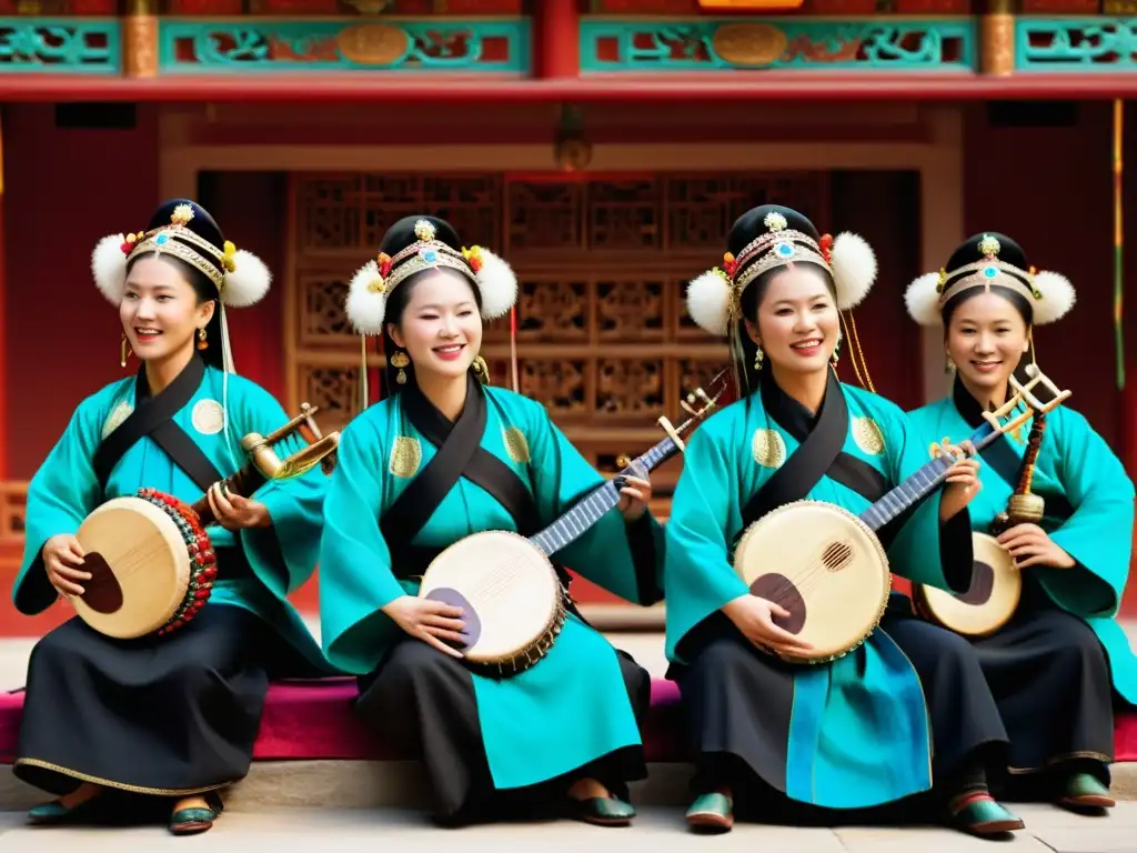 Grupo étnico chino tocando música con instrumentos tradicionales en vibrante actuación cultural