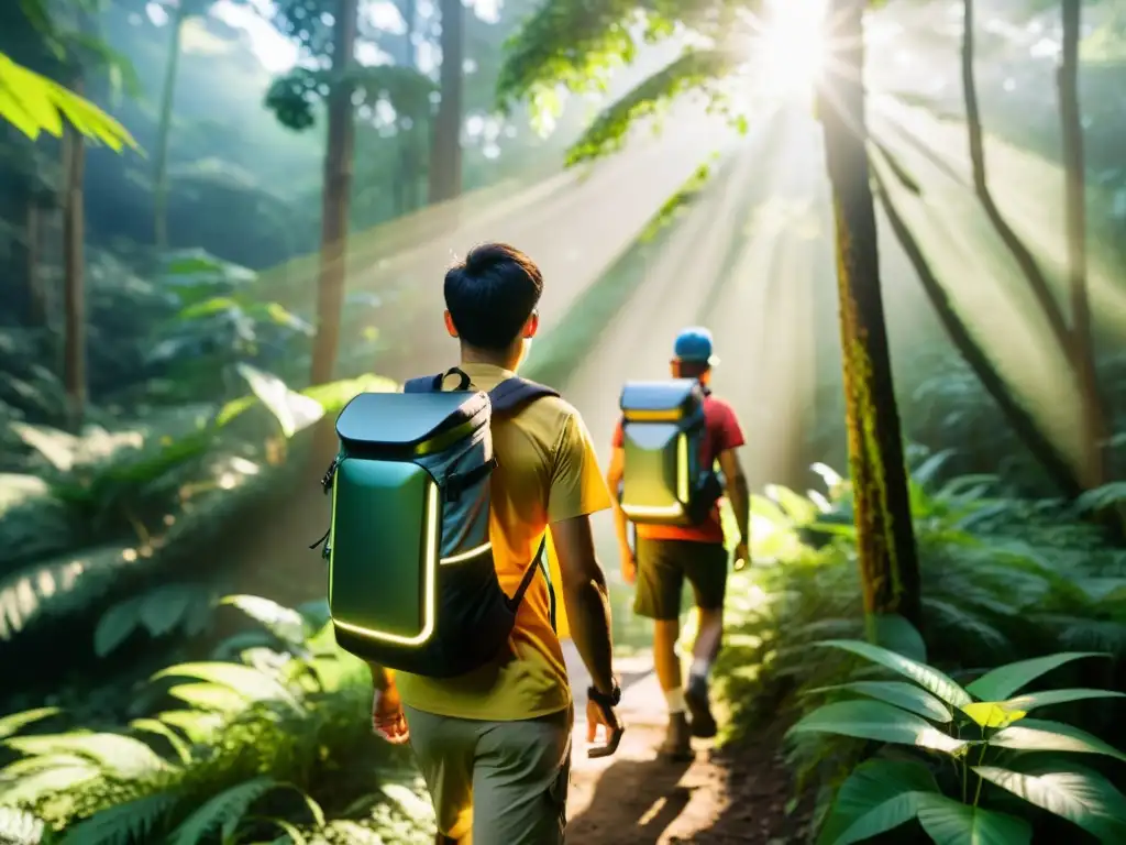 Un grupo de excursionistas camina por un exuberante bosque asiático con mochilas solares innovadoras