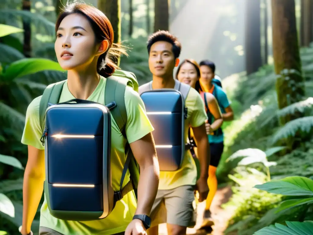 Un grupo de excursionistas usando mochilas solares innovadoras Asia, cargando dispositivos mientras exploran un bosque exuberante y soleado