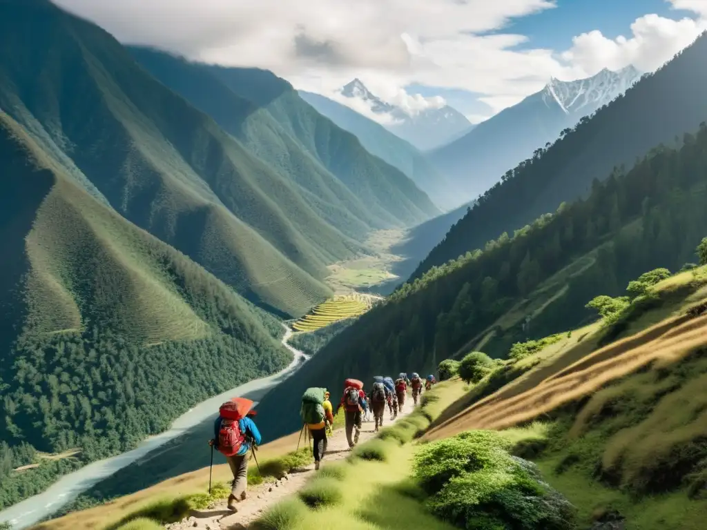 Un grupo de excursionistas recorren un sendero montañoso en Bhután, rodeados de exuberante vegetación y picos imponentes