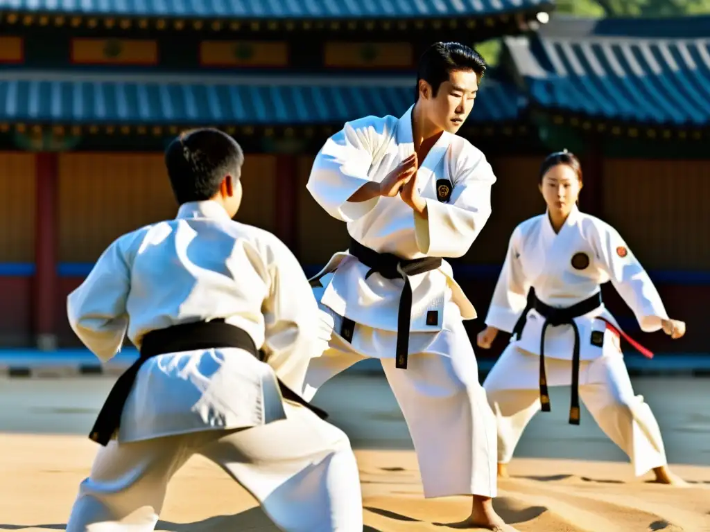 Un grupo de famosos practicantes de Hapkido, vestidos con uniformes blancos tradicionales, ejecutan técnicas intrincadas en un dojang al aire libre