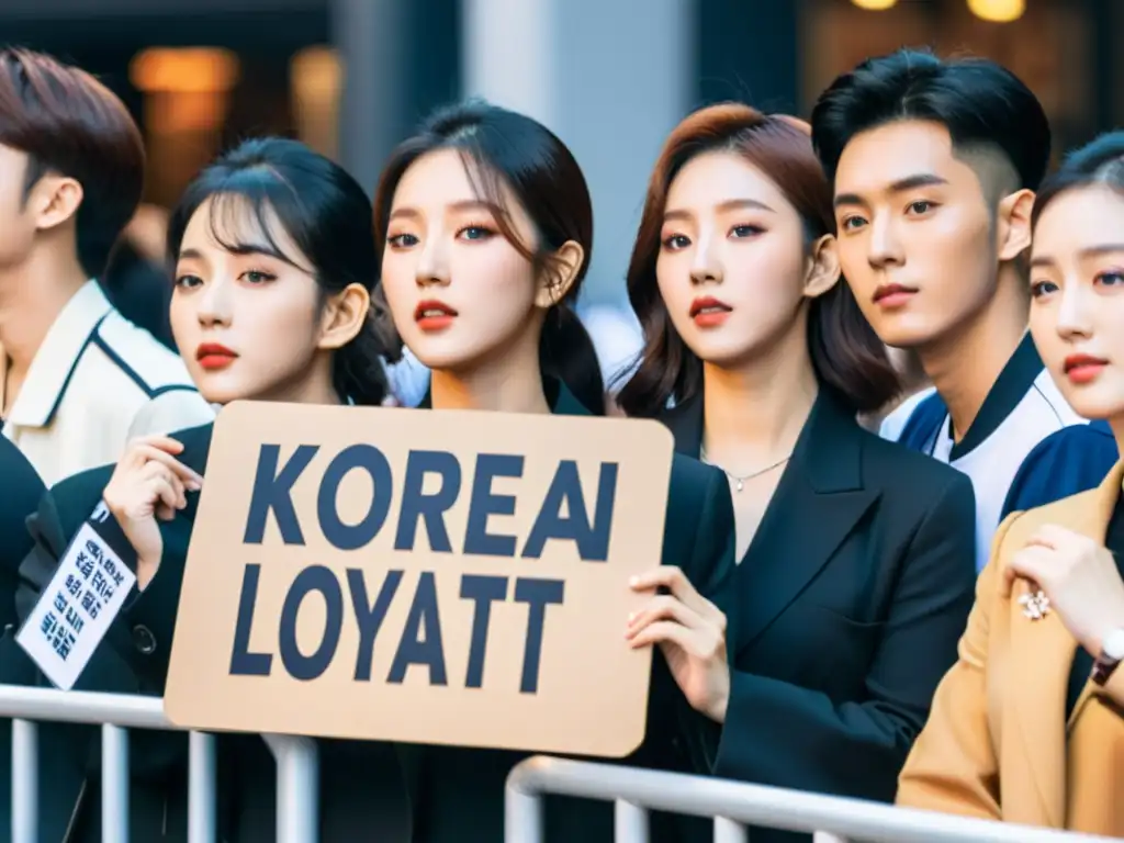 Grupo de fans apasionados esperando fuera del concierto de su banda de K-pop favorita, mostrando la psicología del fanatismo por series asiáticas