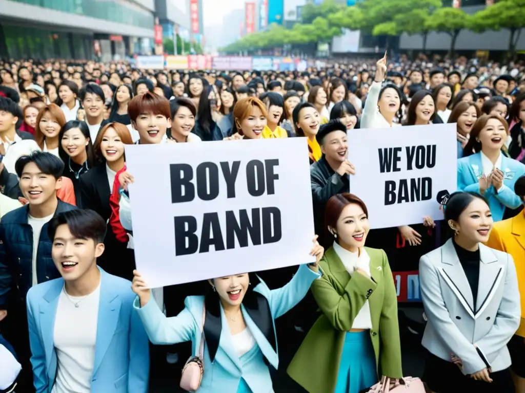 Un grupo de fans entusiastas de Kpop espera emocionado a su banda favorita en las calles de Seúl, reflejando la adicción global a las series coreanas