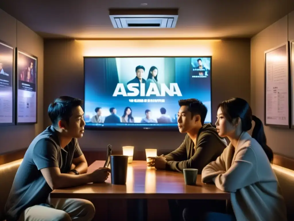 Apasionados fans disfrutan de una maratón de drama asiático Grupo de fans de series asiáticas disfrutando juntos en una habitación ambientada, compartiendo entusiasmo y camaradería