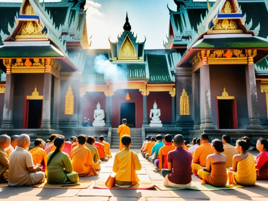 Grupo en Festival Pchum Ben Camboya ancestral, rezando y ofreciendo comida e incienso en templo iluminado por el sol