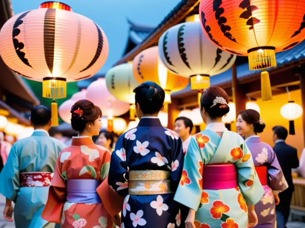 Un grupo en yukatas vibrantes pasea por un festival japonés, con puestos de comida y decoraciones coloridas