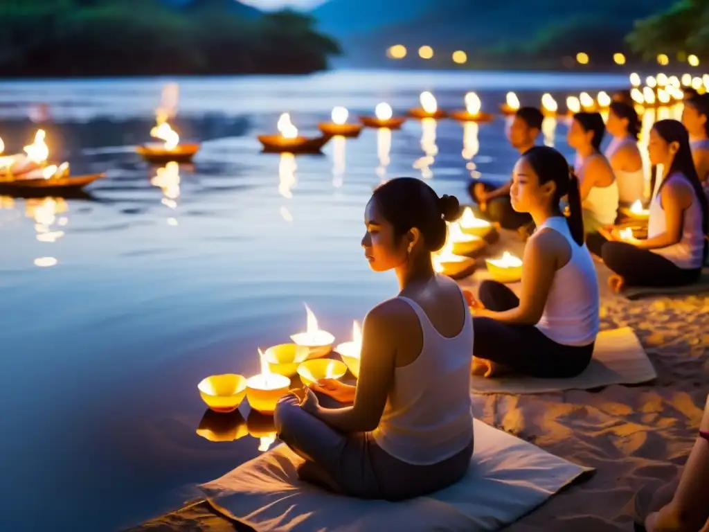 Un grupo medita en el Festival de Loy Krathong junto al río, rodeados de krathongs con velas