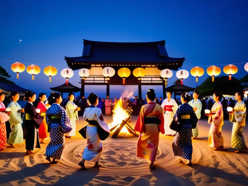 Grupo en festival Obon honrando ancestros Japón, vistiendo yukatas, bailando con linternas alrededor de fogata, atmósfera solemne y celebratoria