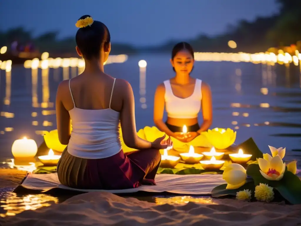 Grupo en meditación en el Festival de Loy Krathong, a la orilla del río con velas y flores