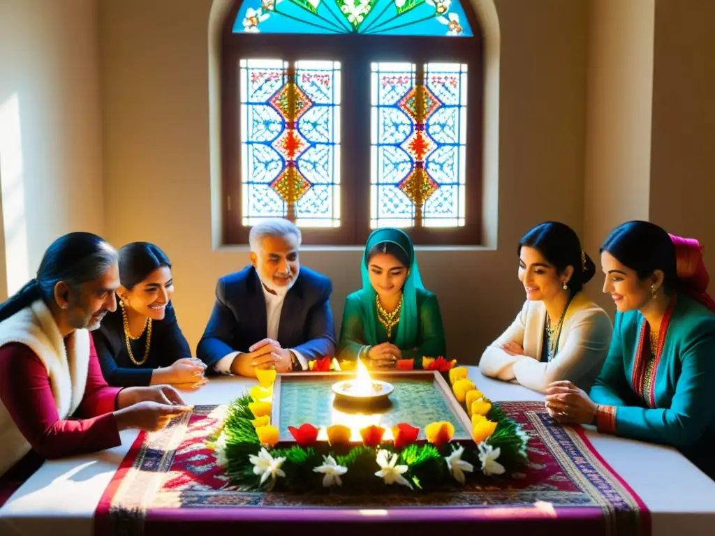 Un grupo celebra la Fiesta Navruz Año Nuevo Persa alrededor de la mesa HaftSeen, con símbolos de renovación y vida