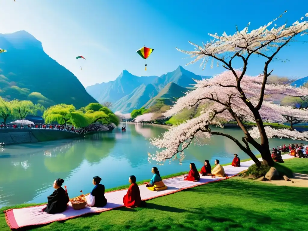 Un grupo disfruta de la Fiesta de la Primavera Qingming en la naturaleza, rodeados de cerezos en flor y montañas majestuosas