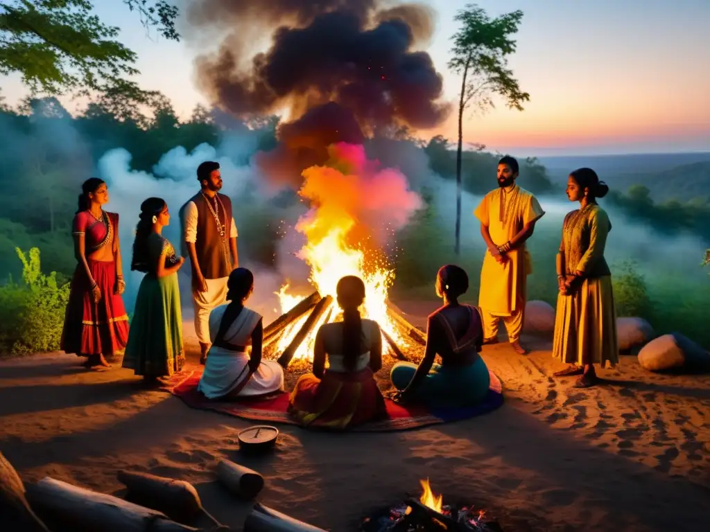 Grupo de figuras misteriosas junto a fogata en bosque místico de la India, evocando elementos sobrenaturales literatura india