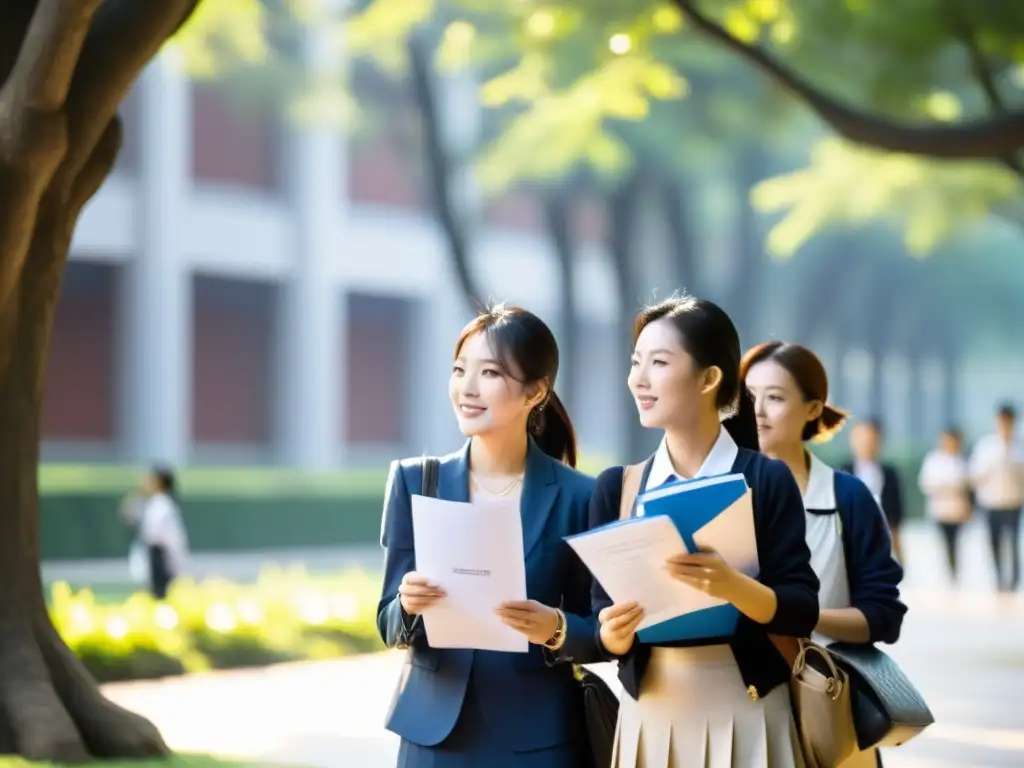 Un grupo de futuros estudiantes espera ansiosamente en la fila frente a la oficina de admisiones de una prestigiosa universidad en China, sosteniendo carpetas con documentos de solicitud