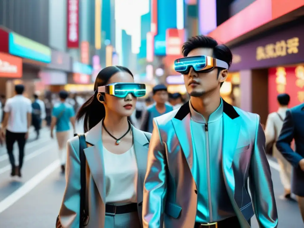 Un grupo con gafas de realidad aumentada cyberpunk asiáticas camina por una bulliciosa calle de la ciudad, fusionando lo tradicional con lo futurista