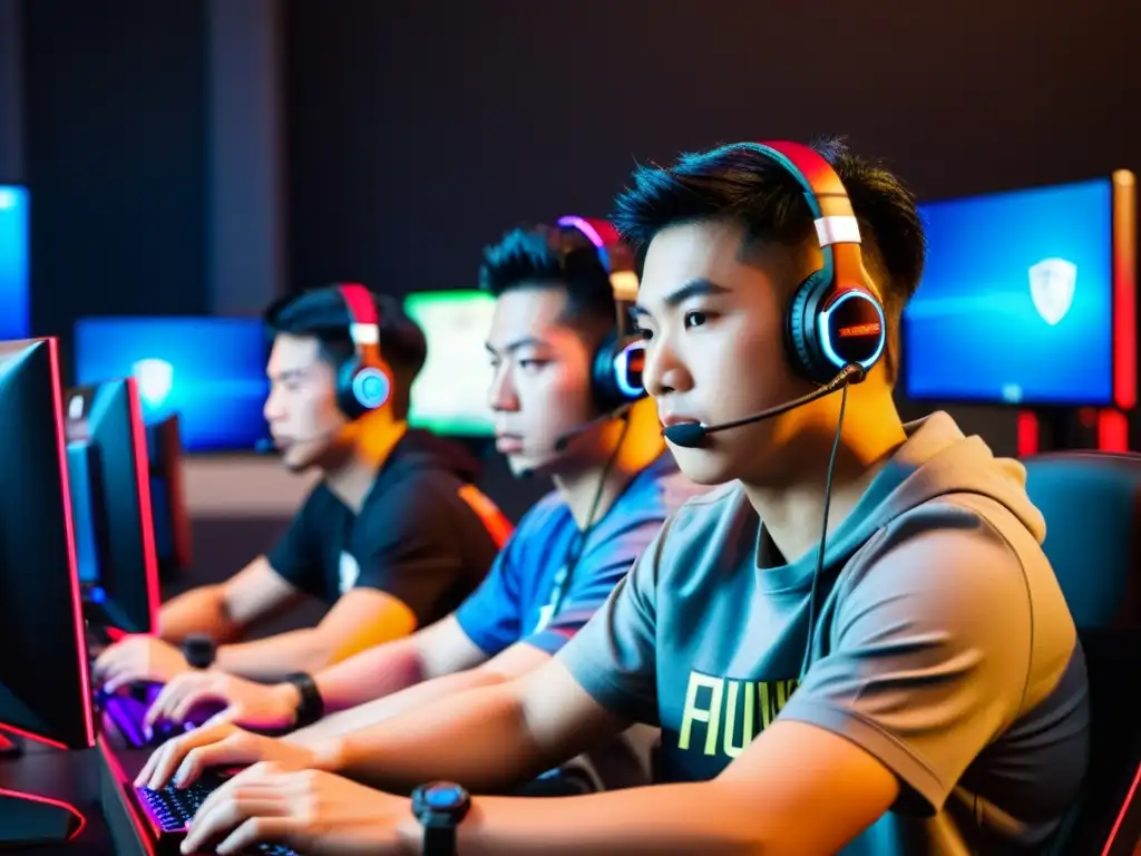 Grupo de gamers asiáticos concentrados compitiendo en un torneo de eSports, mostrando la mentalidad y habilidad de un gamer asiático en eSports