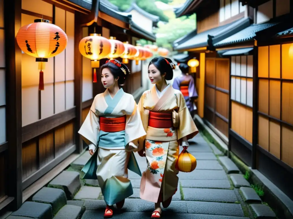 Grupo de geishas paseando por las calles de Gion en Kyoto, envueltas en tradición cultural arte geisha belleza