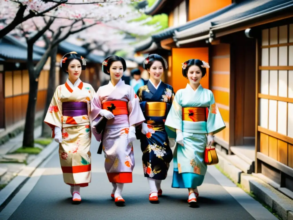 Grupo de geishas paseando entre los cerezos en flor y las antiguas casas de madera, representando la cultura japonesa tradicional en Kyoto