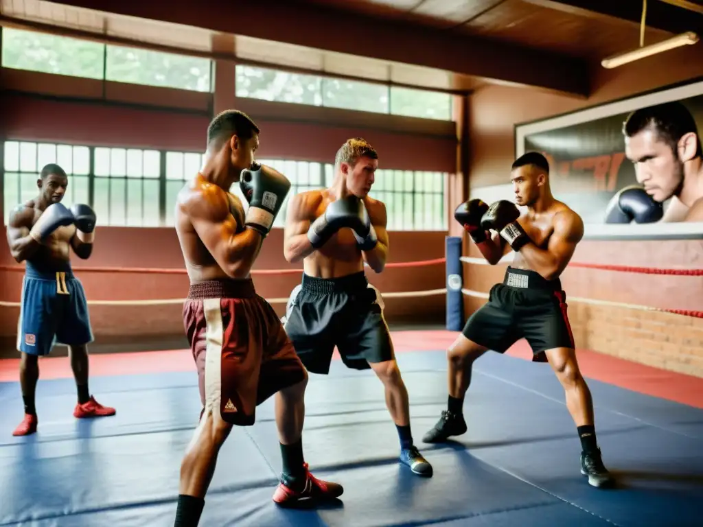 Grupo de kickboxers practicando en un gimnasio tradicional, con sudor en la piel y determinación en sus rostros