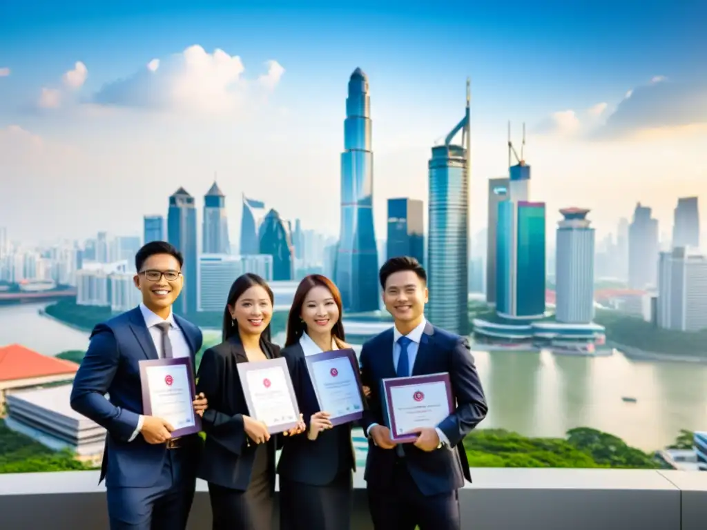 Un grupo de graduados exitosos de MBA en Asia posan con orgullo frente a un horizonte urbano, simbolizando las oportunidades de estudiar MBA en Asia